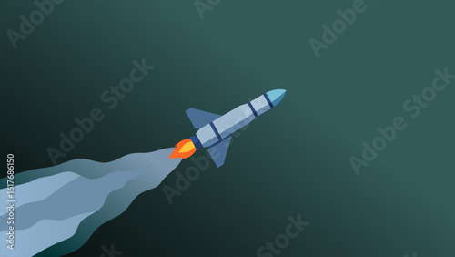 Blue rocket launching with fire and smoke trail against a dark teal background, symbolizing startups, space exploration, innovation, and new beginnings.