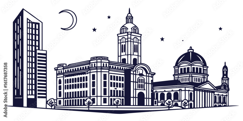 Fort Worth skyline silhouette vector with the Burnett Plaza, Bass Performance Hall, and Tarrant County Courthouse