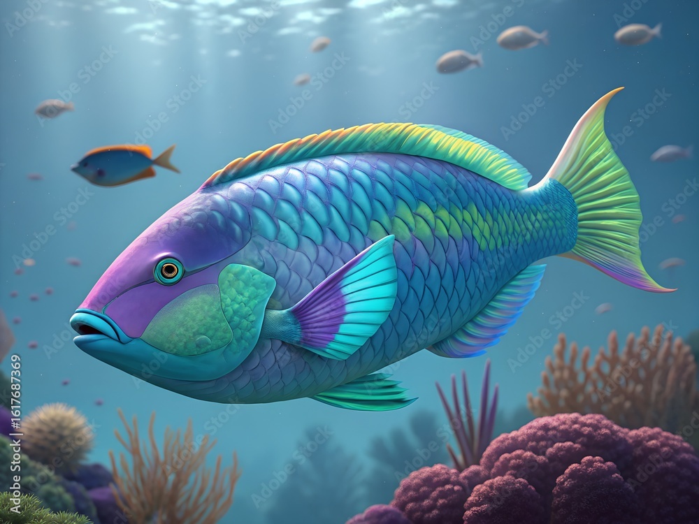 Naklejka premium Vibrant rainbow parrotfish swims gracefully through a sunlit coral reef