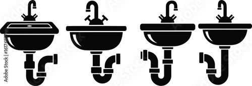 Sink Pipe Silhouette Icon Vector Set - Plumbing System Components