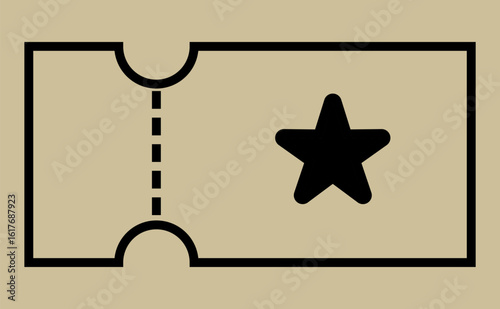 Minimalist icon of a ticket with a star, representing admission, event, or special prize.  Modern and clean design with a coupon style edge.