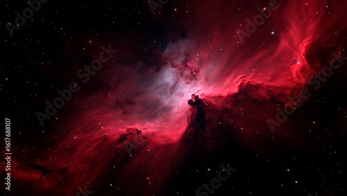 A stunning red nebula glows brightly in the vast expanse of outer space