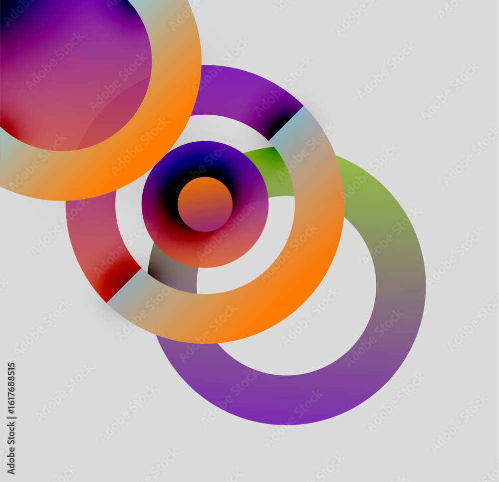 Fototapeta premium Abstract colorful circles overlap, creating dynamic visual composition. Gradient hues blend, forming modern design element.