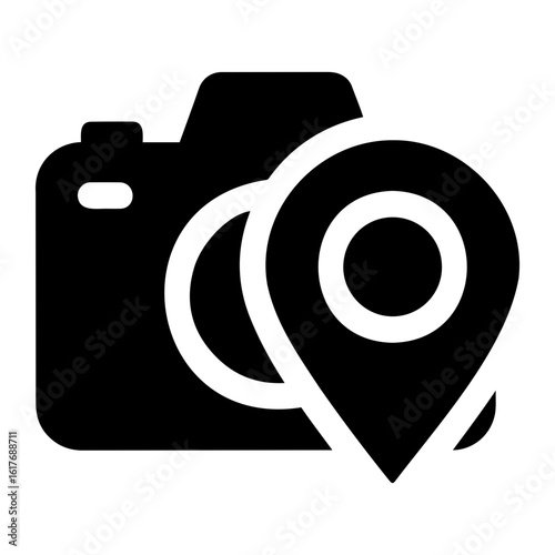 Vector camera icon with a location pin overlay indicating geotagging or location services on transparent background