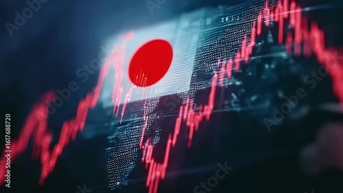 A red stock market graph with the Japanese flag on it, set against a blurred background.
