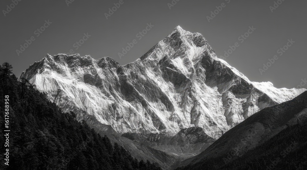 Obraz premium Monochromatic mountain peak, snow-capped, surrounded by dark forests