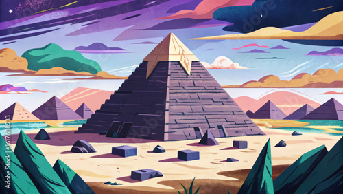 Cartoon vector illustration of the Great Pyramid of Giza in Egypt, showcasing ancient mystery, massive stone blocks, and historic desert landscape in stylized art