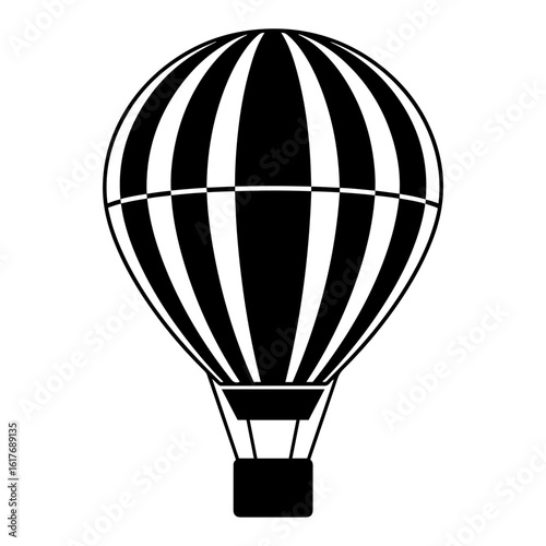 Vector illustration of a black and white striped hot air balloon with a basket below on transparent background