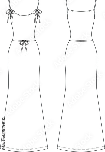 with bows ribbons sleeveless strappy strapped spaghetti strapsscoop u neck square neck fit a line long maxi dress  template technical drawing flat sketch cad mockup fashion woman design style model 
