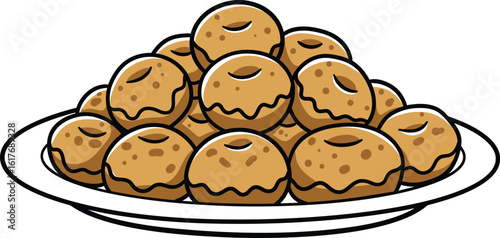A plate full of delicious doughnuts is isolated on white background, ready to be enjoyed as a tasty treat