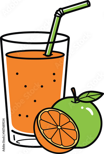 A glass of fresh orange juice with a straw and a half of an orange isolated on white background