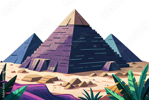 Cartoon vector illustration of the Great Pyramid of Giza in Egypt, showcasing ancient mystery, massive stone blocks, and historic desert landscape in stylized art