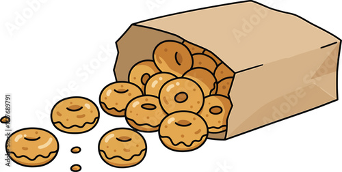 A paper bag full of delicious donuts spilling out isolated on white background