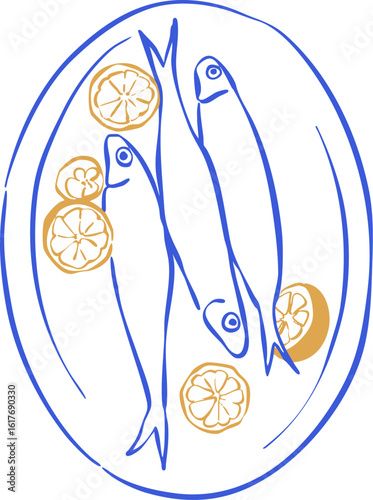 Minimalist line art illustration of sardines with lemon slices on a plate, blue and orange Mediterranean seafood sketch