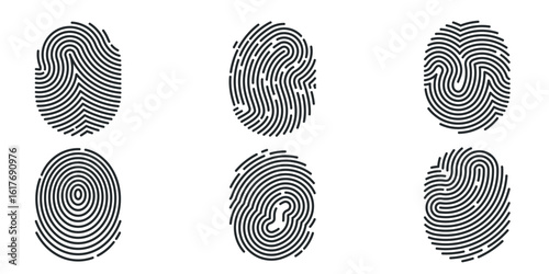 Set of realistic black fingerprint icons for identity verification, crime data, forensic analysis, biometric scan technology