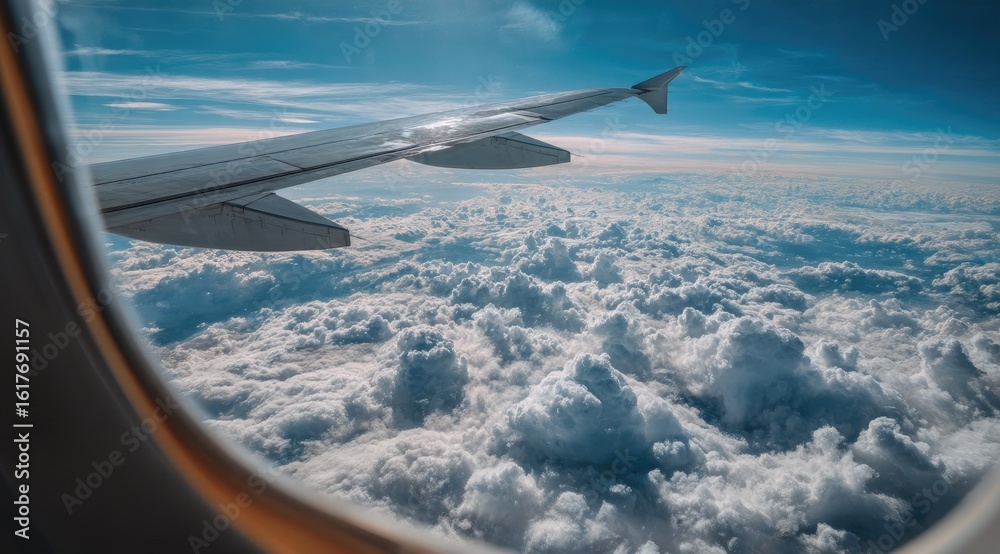 Obraz premium Airplane window view of a vast expanse of puffy clouds. Sunlight filters through the clouds. Airplane wing visible at the edge of the frame
