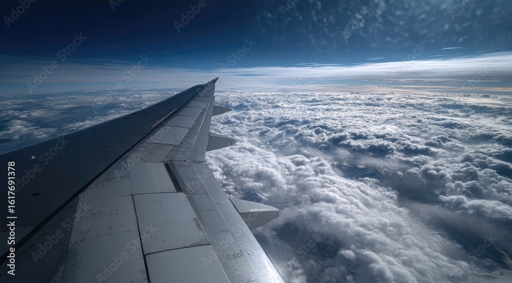 Fototapeta premium High-altitude view of airplane wing and clouds