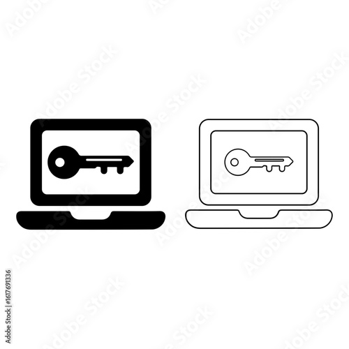 Laptop icon with a key symbol on screen in black and white style