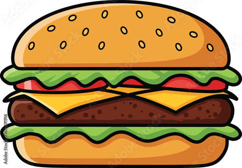 A delicious hamburger with cheese, lettuce, and tomato isolated on white background, perfect for a quick and satisfying meal