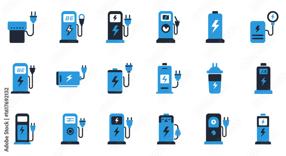Electric Charging Station and Battery Icons - Flat Two Tone Style Electric Charging Station and Battery Icons - Flat Two Tone Style