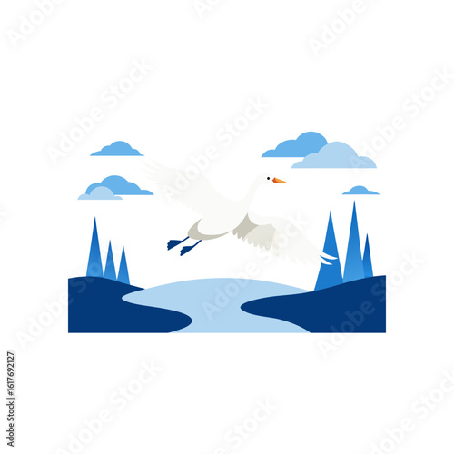 snow goose flying over icy wetlands