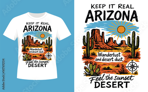 Keep it real arizona desert sunset t shirt design with iconic landmarks