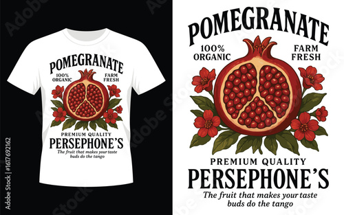 Stylish white t shirt featuring a ripe pomegranate and floral design