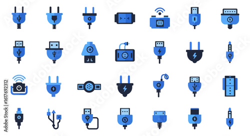 Electric Plug and Cable Vector Icons – Blue and Black Flat Style