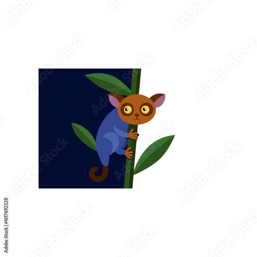 tarsier clinging to a bamboo stalk at night