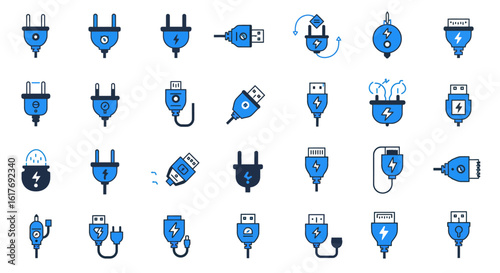 Electric Plug and Cable Vector Icons – Blue and Black Flat Style