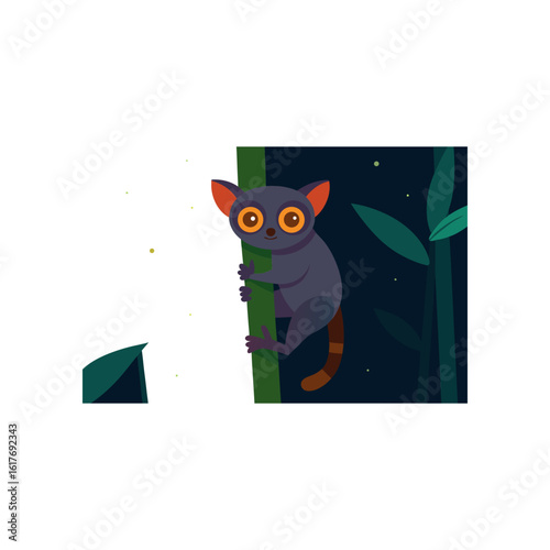 tarsier clinging to a bamboo stalk at night