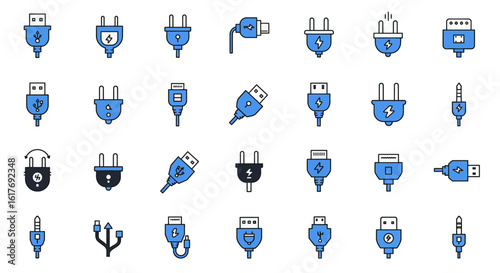 Electric Plug and Cable Vector Icons – Blue and Black Flat Style