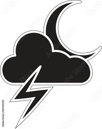 Crescent moon with thundercloud icon representing thunderstorm during night or bad weather with transparent background