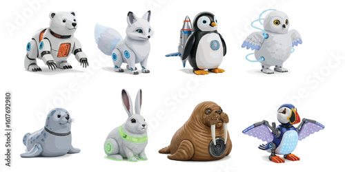 Lineup of snowy robotic animals with frosted metallic textures, playful tech features, soft LED glows, and imaginative winter-themed details built for charm