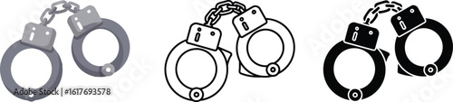 Handcuffs vector illustration set, police handcuffs drawing, crime arrest, metal handcuffs, law enforcement