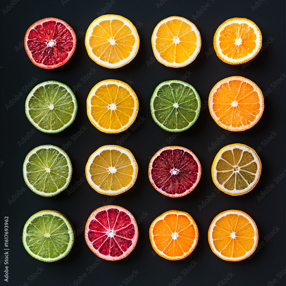 Obraz premium Colorful Citrus Fruit Slices Arranged in a Grid on Dark Background
