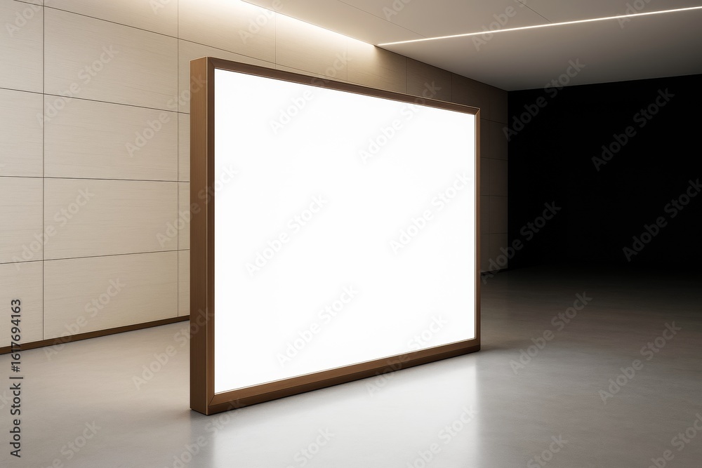 Fototapeta premium Blank illuminated advertising board with wooden frame in modern interior, standing on empty clean floor with shadow and soft ceiling light reflection.