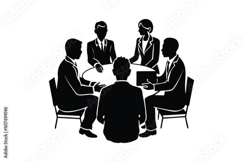 Five Business Professionals in a Round Table Meeting Discussion