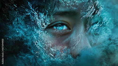 Close-up portrayal of a face veiled in flowing water.