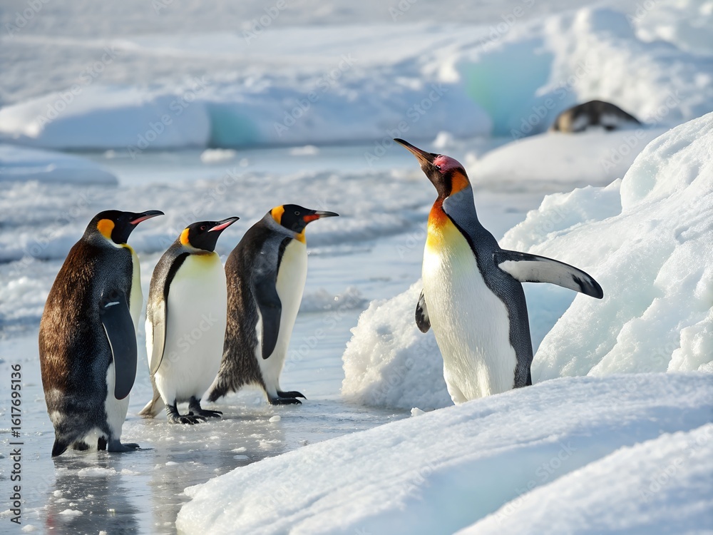 Naklejka premium A group of king penguins stand together on a snowy icy landscape in antarctica