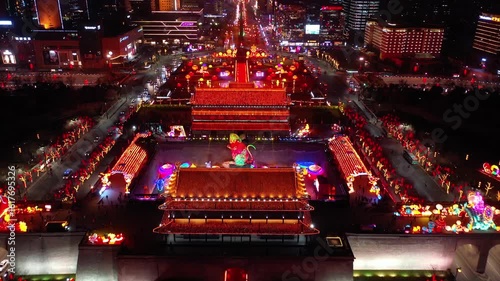 Aerial View of Xian City Wall Nightscape and High Tech Zone Panorama