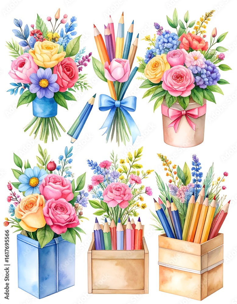 Obraz premium Colorful floral bouquets with pencils