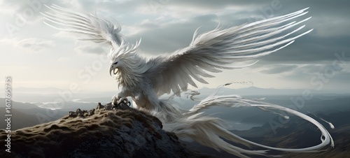 A haunted gothic white phoenix perched on a wind-swept hill art, generative ai