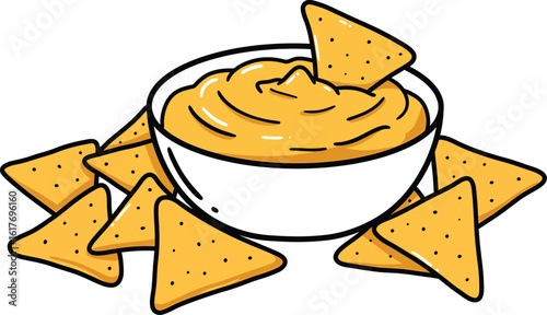 A bowl of cheesy nachos with tortilla chips, a perfect snack for a party, isolated on white background