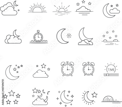 Time of Day Icons – Sunrise, Sunset, Moon, Stars, Clock, Day Night Cycle Vector Set

