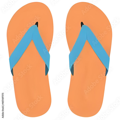 Two orange and blue flip-flops, isolated on a white background, ready for summer.