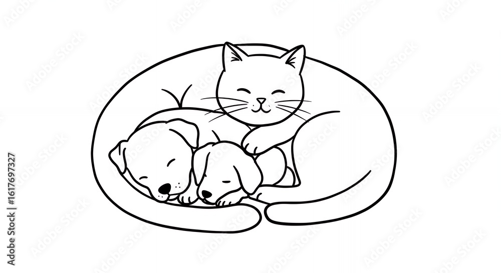 Obraz premium Monochrome Line Art of Curled Up Cat and Two Sleeping Puppies Creating a Heart Shape Illustrating Warmth and Companionship on White Background