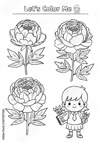 Peony flower coloring sheets for kids