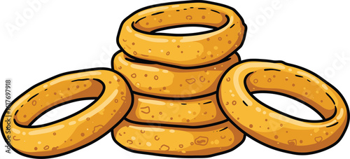 A stack of golden crispy onion rings isolated on white background, a delicious and tempting fast food snack or appetizer