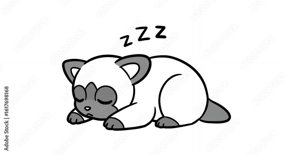 Fototapeta premium Sleeping White and Gray Cartoon Animal Illustration on White Background Featuring Peaceful Slumber with Zzz